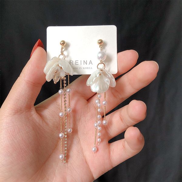 

dangle & chandelier trend flower simulation pearl shell shape temperament retro long tassel earrings wedding banquet accessories, Silver