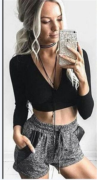

fashion women t-shirt bodycon v-neck crop cross-strap long sleeve lace up short outfits fashion female club apparel, White