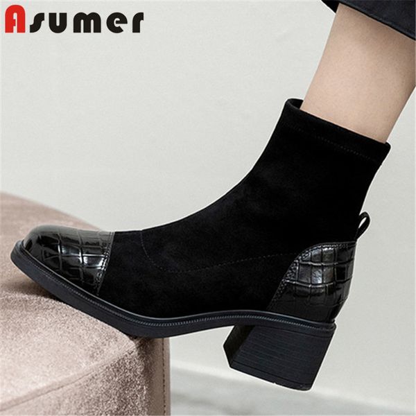 

asumer 2020 new fashion genuine leather +stretch flock ankle boots women round toe autumn winter thick heel casual shoes ladies, Black