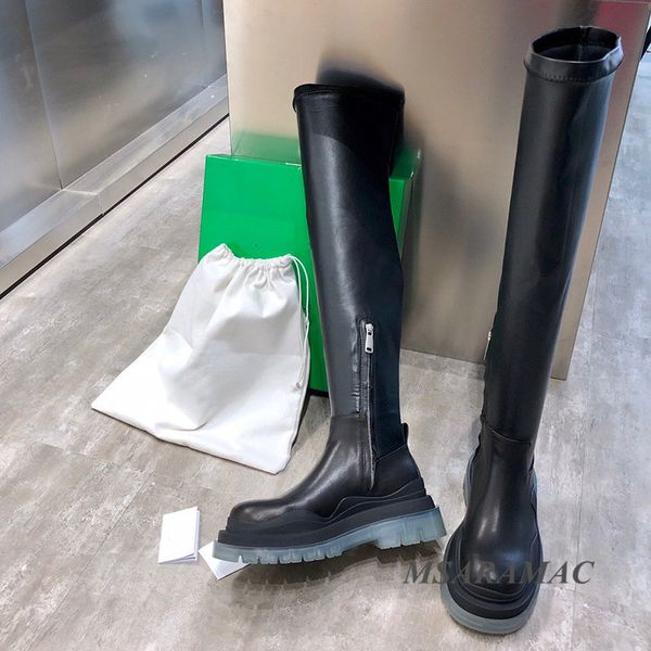 

transparent thick sole over the knee boots flat platform round toe elastic sock boots women's designer shoes, Black