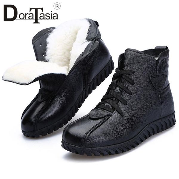 

doratasia new female genuine leather snow boots winter warm wool fur boots women round toe cross tied flat with shoes woman, Black
