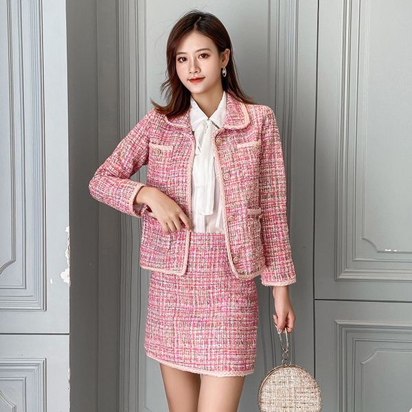 

autumn winter elegant sweet korean style tweed two piece set women buttons woolen jacket coat and mini a-line skirt suits sets, Gray