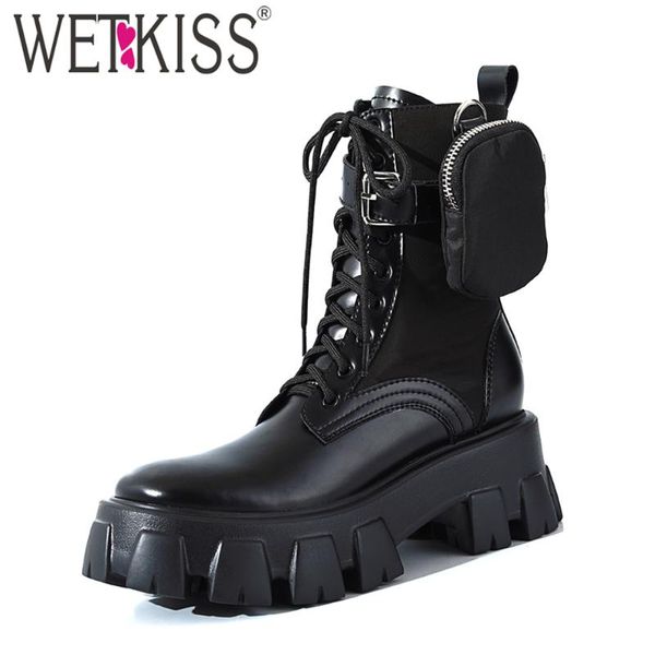 

wetkiss women's ankle boots jagged sole multifunction round toe with pocket lace up motorcycle boots, Black