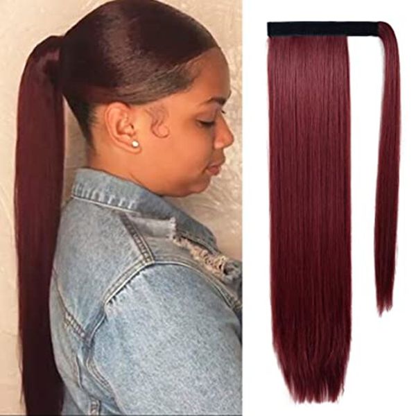 

wine red 100% human hair pony tail hair piece wraps around clip in ponytail extension wrap around straight hair for women, Black