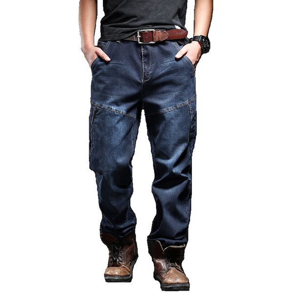

men's jeans mcikkny mens cargo biker pants motorcycle casual denim trousers male zipper pockets, Blue