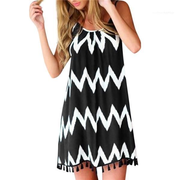 

pattern tassel fringe strap dresses strapless backless short one piece womens dresses summer loose wave, Black;gray