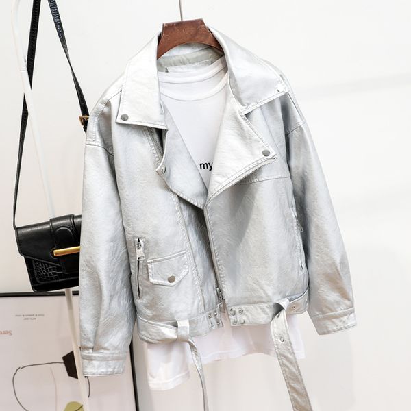 

spring 2020 women's short leather coat women's silver belt loose wash leather jacket pu motorcycle cross border, Black