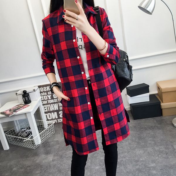 

autumn women long plaid shirt cotton casual long sleeve red flannel plaid blouses female blusas checks outwear, White