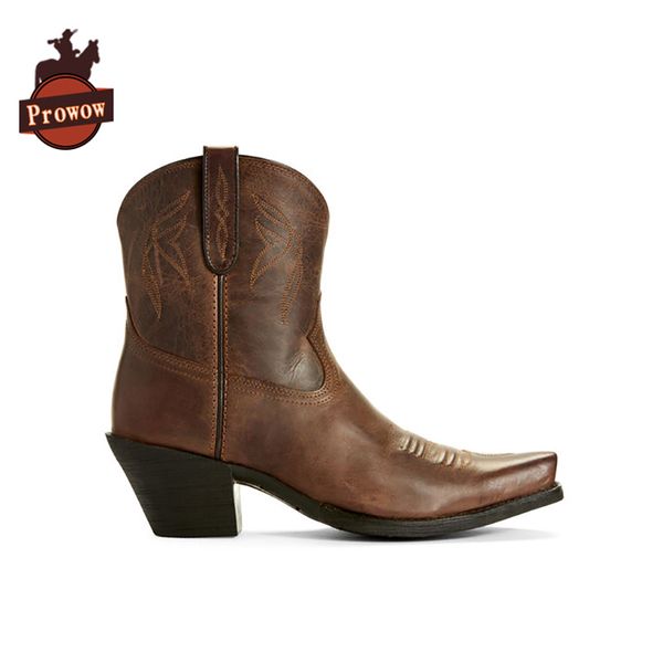 

prowow designer women western cowboy ankle boots genuine leather handmade solid skin pointed toe short corral boots, Black