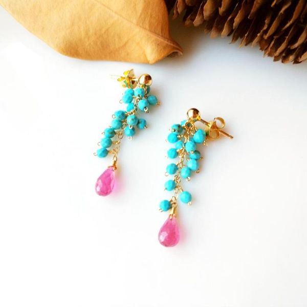 

lii ji genuine pink sapphire blue turquoise beads handmade 925 sterling silver 18k gold color stud earrings women jewelry, Golden;silver
