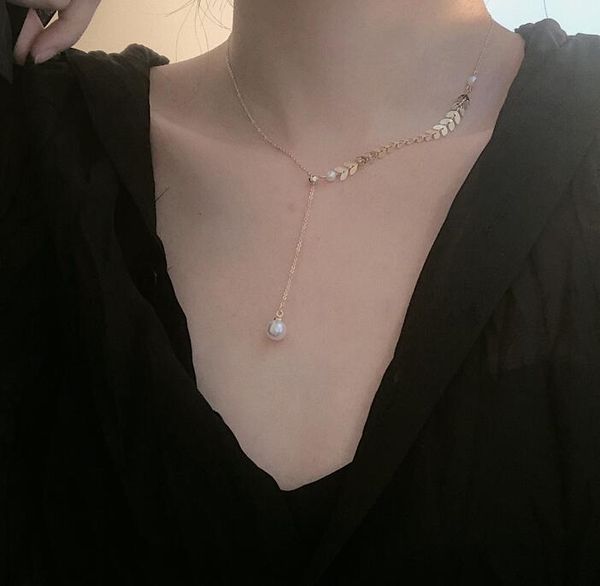 

2020 bohemian leaf pearl long chain necklaces pendants for women choker necklace jewelry collar, Silver
