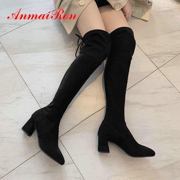 

boots anmairon 2021 faux suede slim flcok over-the-knee round toe stretch winter women hoof heels size 34-43, Black