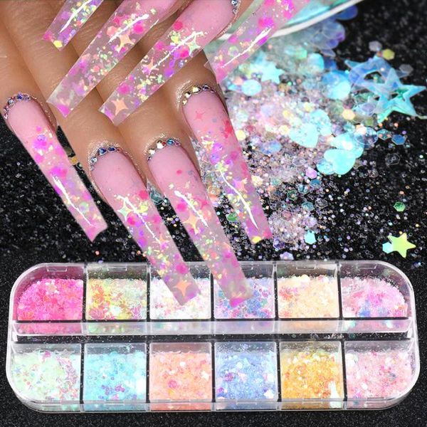 

12 grids mermaid glitter nail flakes sparkly 3d star butterfly hexagon sequins powder decoration spangles polish nails art nfst, Silver;gold