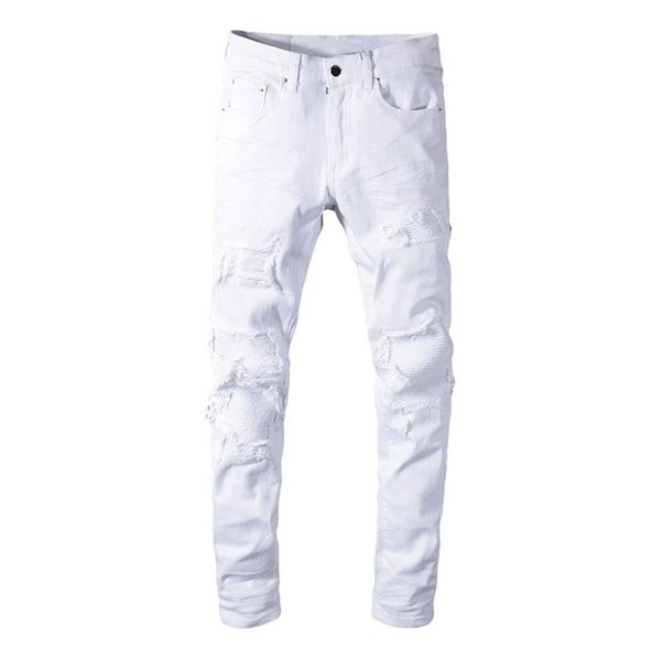 

new men's male fashion casual white stretch ripped biker jeans slim skinny pleated patchwork denim pants trousers, Blue