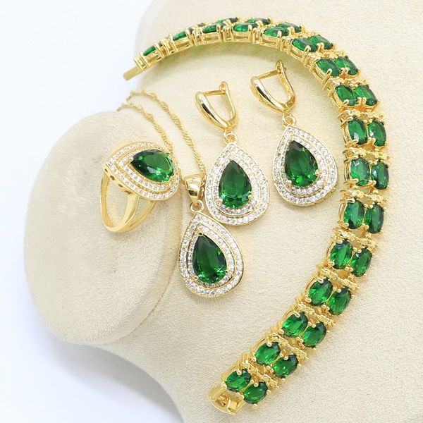 

water drop gold color jewelry set for women green zircon bracelet earrings necklace pendant ring gift box for jewelry, Silver