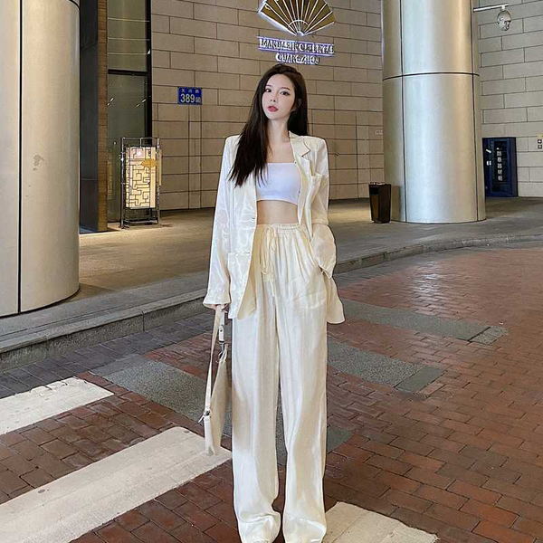 

women's two piece pants ladies fashion bright color suit jacket + temperament western light mature wind high waist, White