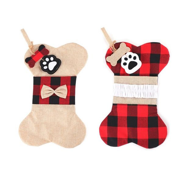 

50pcs big plaid cloth christmas stocking 41cm*26cm dog bone sock christmas gift candy bags for children wb2592