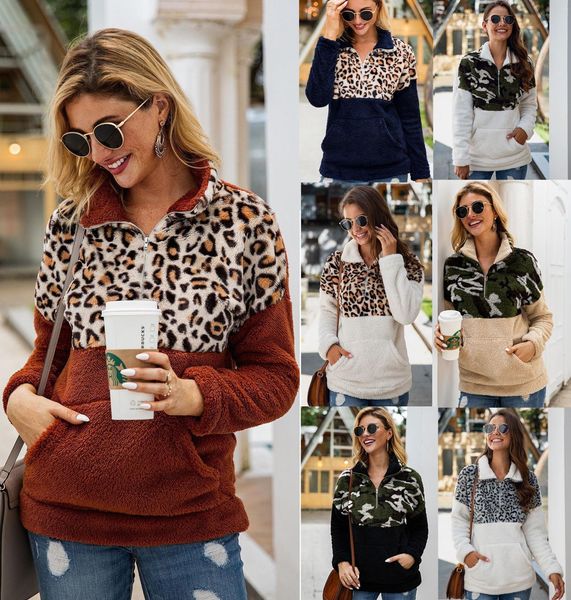

leopard patchwork faux fur sweatshirt women front pockets warm fleece casual winter oversized hoodies ladies turtleneck pullover, Black