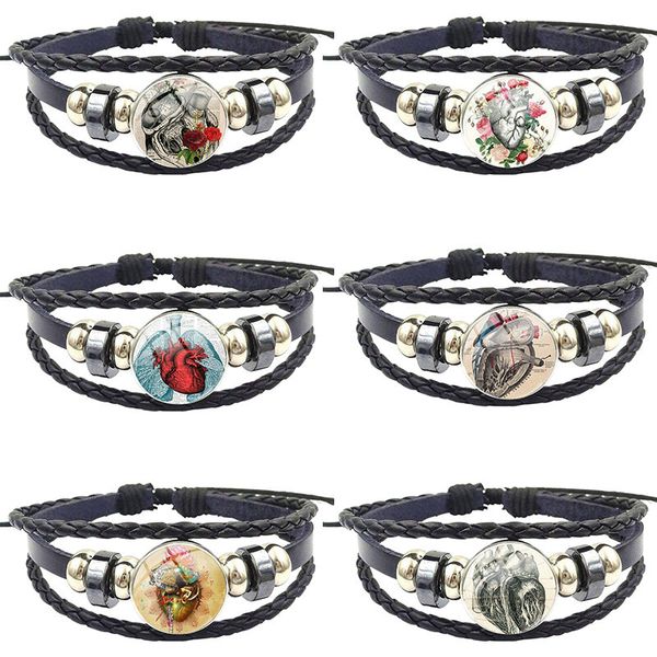 

charm bracelets for women kids retro style vintage jewelry plated with glass cabochon black leather bracelet bangle anatomical heart, Golden;silver