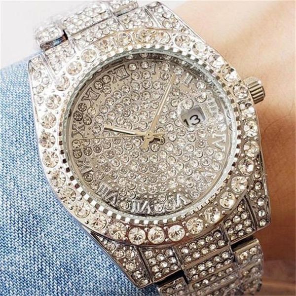 

modern men diamond watches ladies designer luxury watches iced out watch round 39mm quartz wristwatch with roman hour mark day date clock, Slivery;brown