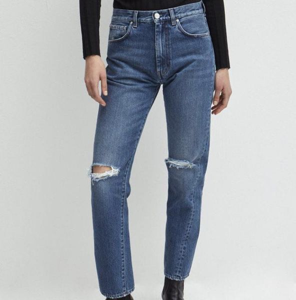 

2020 new classic knee hole women distressed old jeans pants two-colors, Blue