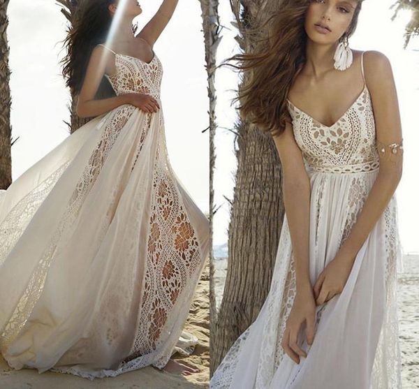 

Bohemian Wedding Dresses 2020 V-neck Straps Lace Appliques Bridal Gowns Sexy Backless Beach A Line Wedding Dress Robe De Mariee, Picture color