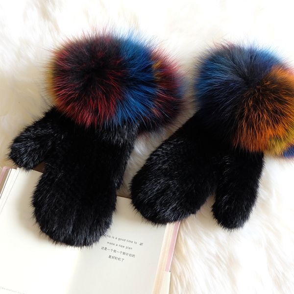 

real fur mink hair full leather knit fur gloves women' gloves, Blue;gray