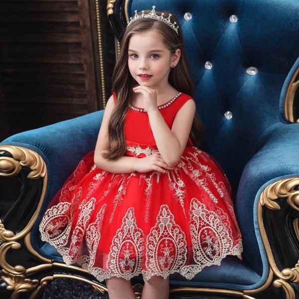 

2-7y high-end flower baby girls dress newborn bow princess dress infantil christening gown baby birthday christmas costume, Red;yellow