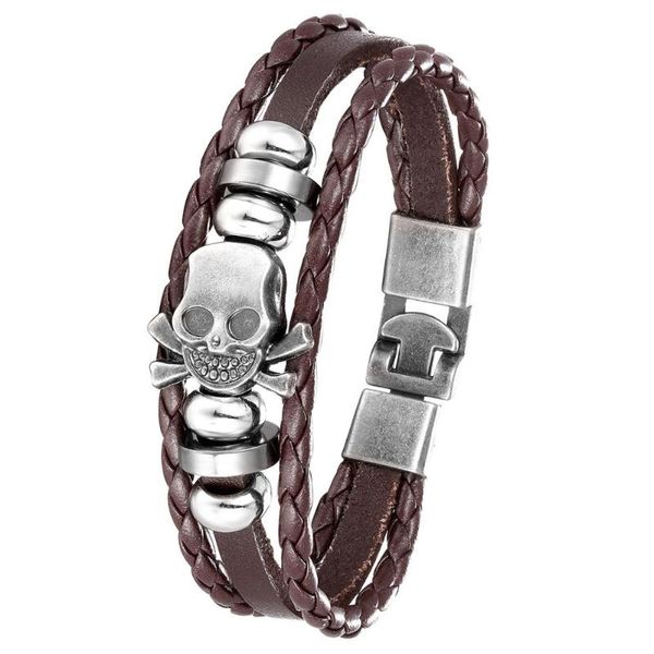 

beaded, strands vintage punk leather bracelet men's multilayer skull weave, Black