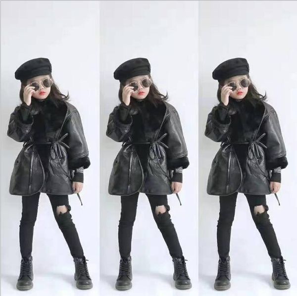 

2020 korea style girls leather thicken coat with belt fashion winter girls coat 2-7t c362, Blue;gray