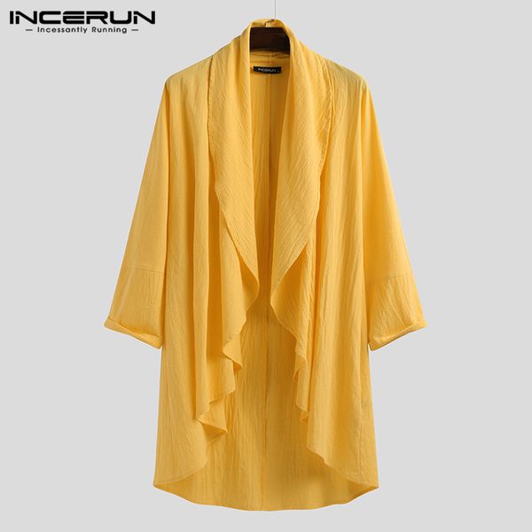 

incerun 2020 мужчины верхняя одежда хлопок vintage нерегулярное пальто с длинным рукавом leisure solid open стич китайский стиль мужчины tre, Tan;black