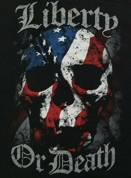 

liberty or death american flag om skull pocket t shirt