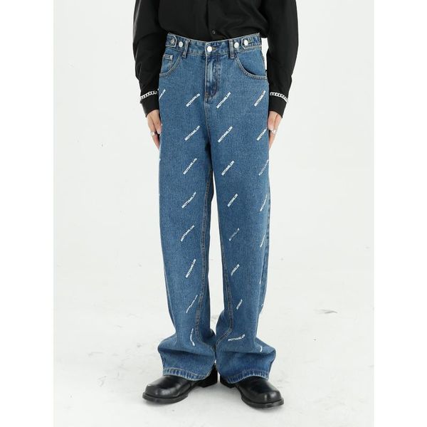 

men's jeans men women couple adjustable waist letter print casual straight wide leg denim pant male streetwear hip hop vintage, Blue