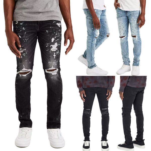 

men's jeans fashion men skinny ripped stretch pant denim slim fit long, Blue