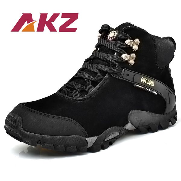 

akz 2020 new arrival men's snow boots autumn winter warm casual shoes pig leather male boots lace-up 38-46, Black