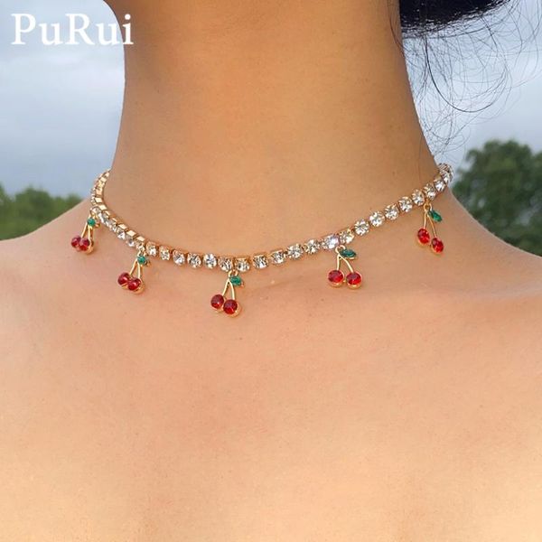 

pendant necklaces iceout crystal chain women nelace boho korea fresh cherry pedant choker necklace gold color girl collar jewelry gift charm, Silver