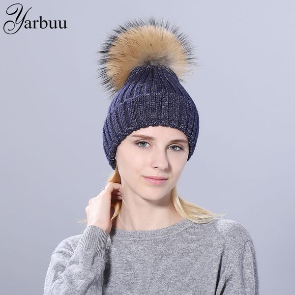 

yarbuu]new fashion winter hat for women bright silk fur pom poms knitted beanies cap solid colors gorros cap female causal hats, Blue;gray