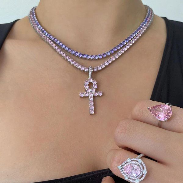 

new iced out bling zircon 5mm tennis chain necklace women hip hop fashio jewelry silver color purple cz choker necklaces, Golden;silver