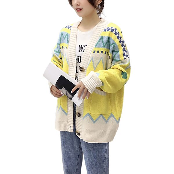 

knit sweater cardigan women's button cartoon print knit long sleeve casual warm loose sweater korean sweet jumpers, White