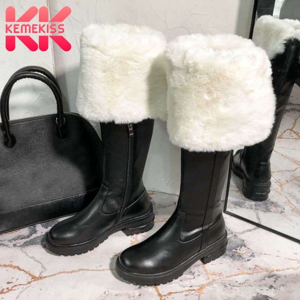 

boots kemekiss real leather women over knee warm fur winter shoes woman plush fashion platform zip long boot footwear size 34-40, Black