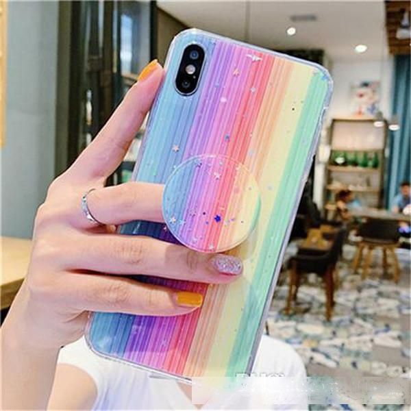 

cute colorful glitter rainbow phone case for iphone 11pro max 7 6 8plus xs max soft silicone bling stars stand holder cover