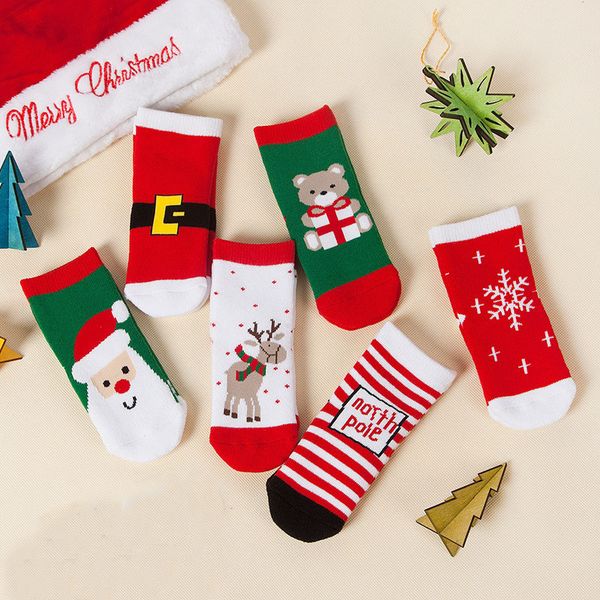 

6 pairs/set 0-10t xmas cotton cute christmas design boy girl socks slip-resistant cartoon baby children's christmas socks, Pink;yellow