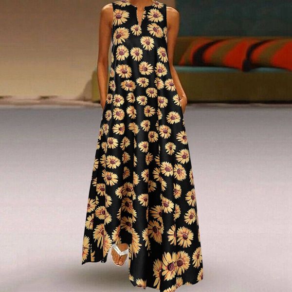 

women's dresses summer casual sleeveless boho long maxi dress beach party daisy print sundress pockets black l, Black;gray