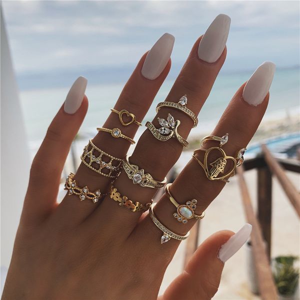 

modyle 12 pcs/set boho gold rings set for women heart fatima hands anillos cross leaf geometric heart ring jewelry, Golden;silver
