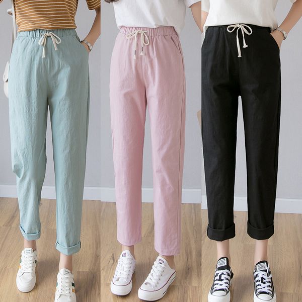 

new cotton linen pants women trousers loose casual solid color women's harem pants female capris summer autumn brand, Black;white