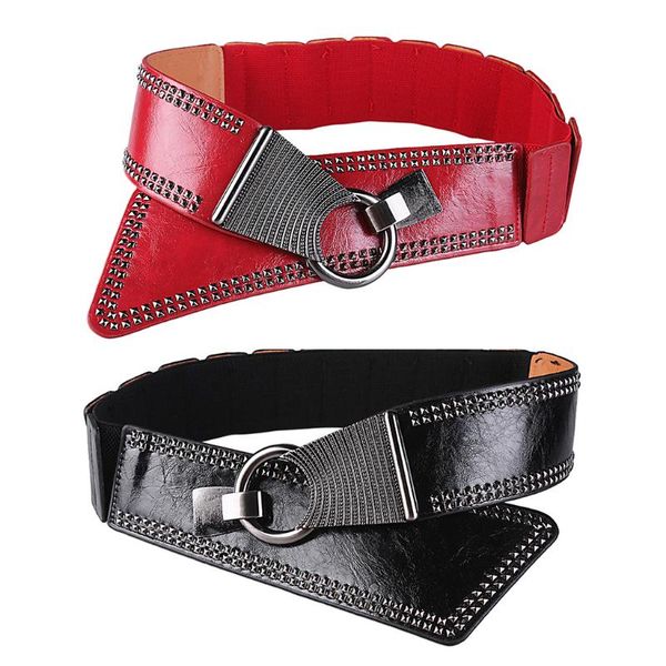 

women's adjustable punk waist belt wide elastic waistband with rivets studs, Black;brown