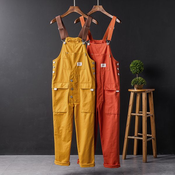 

japanese retro one-piece overalls men's tide korean youth lovers loose hip-hop suspenders men's casual trousers, Black