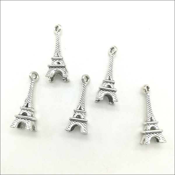 Lote 100 pçs Mini Torre Eiffel Prata Tibetana Pingentes para fazer joias Brinco Colar Pulseira Chaveiro acessórios 22*8mm DH0075