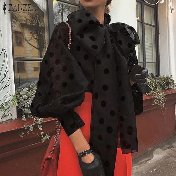 

2020 zanzea mesh patchwork fashion summer women's transparent blouse shirts female bow tie blusas tunic chemise 5xl, White