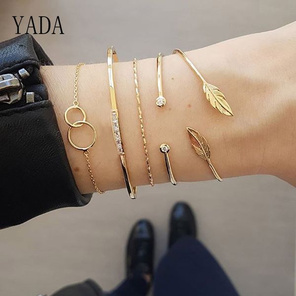 

charm bracelets yada gifts 5 pcs/set simple leaves bracelets&bangles for women stainless steel gold crystal jewelry bracelet bt200021, Golden;silver